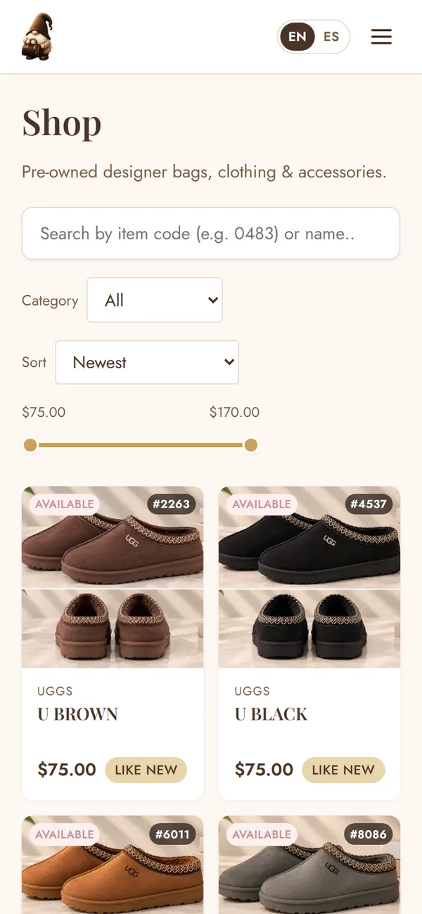 Diana's Accessories website on a phone