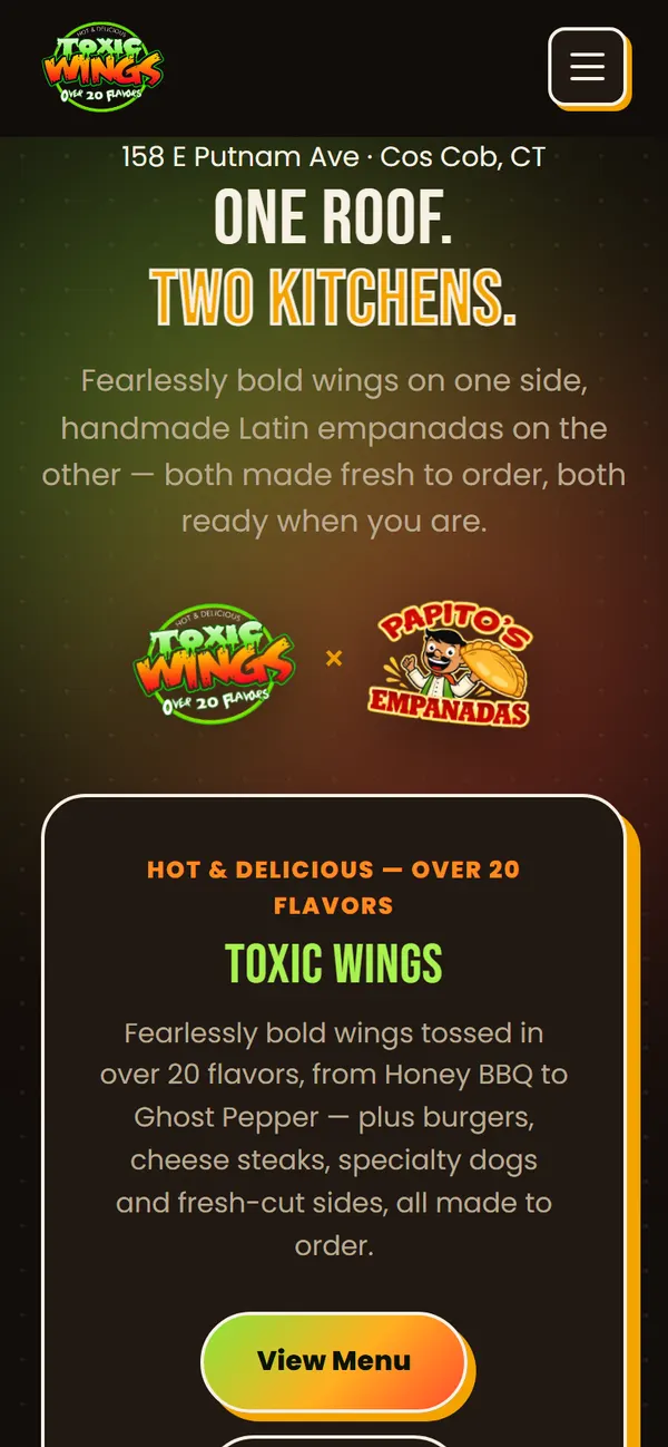 Toxic Wings × Papito's website on a phone