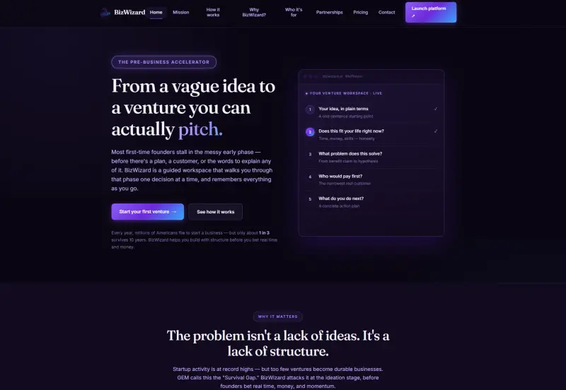 BizWizard ai startup platform — screenshot 1