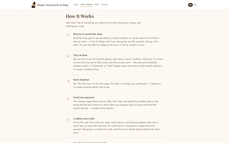 Diana's Accessories designer resale e-commerce — screenshot 1