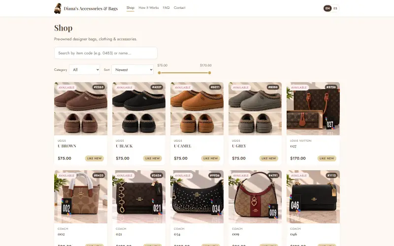 Diana's Accessories website homepage