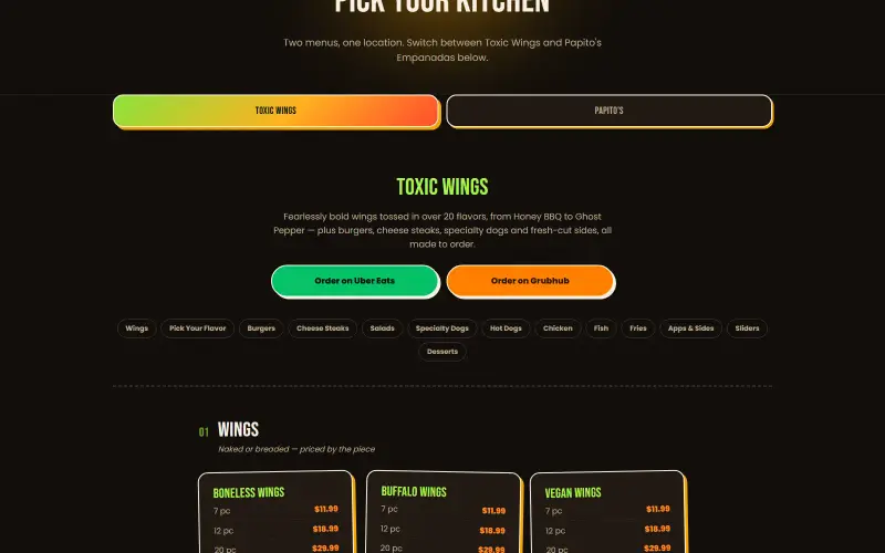 Toxic Wings × Papito's dual-brand restaurant website — screenshot 1