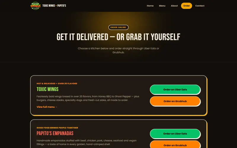 Toxic Wings × Papito's dual-brand restaurant website — screenshot 2