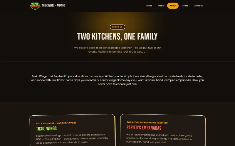 Toxic Wings × Papito's dual-brand restaurant website — screenshot 3